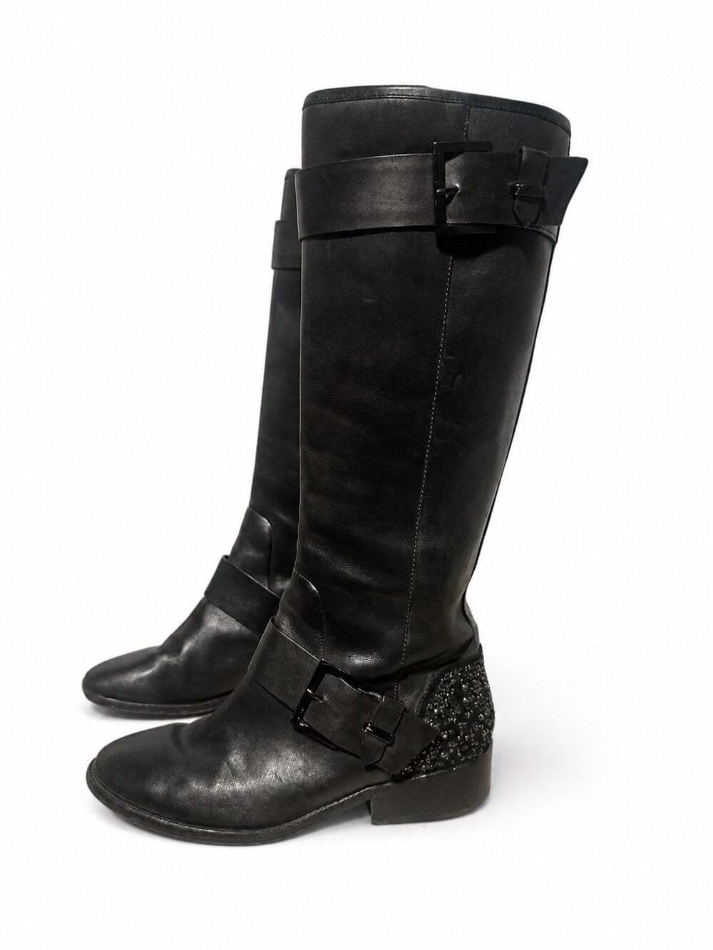 Brian Atwood black leather riding boots size 7.5 crystal heel buckle - Picture 2 of 6